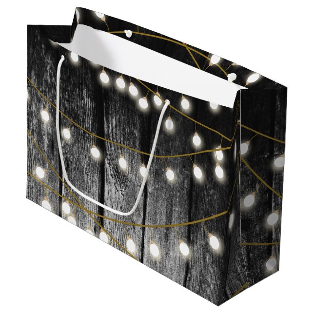 Rustikale Barschschwarz Holz Gold String Lights Große Geschenktüte (Vorderseite Schrägansicht)
