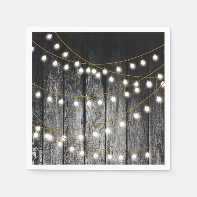 Rustikale Barschschwarz Holz Gold String Lights Serviette (Vorderseite)