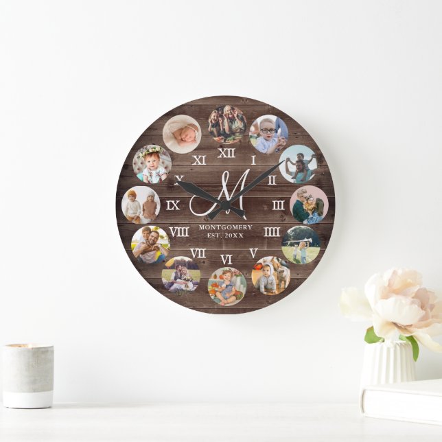 Rustikale Bauernfamilie Foto Collage Monogram Große Wanduhr (Zuhause)