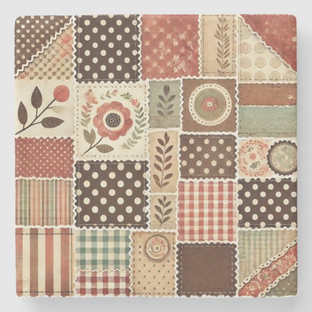 Rustikale Bauernhaus-Terrakotta-Patchwork-Quiltdec Steinuntersetzer (Vorderseite)