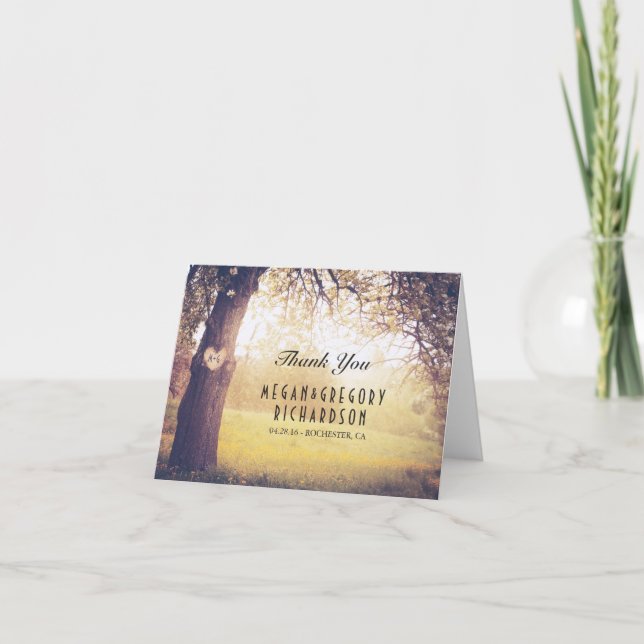 Rustikale Baum-und Holz-Herz-Hochzeit danken Ihnen Dankeskarte (Vorderseite)