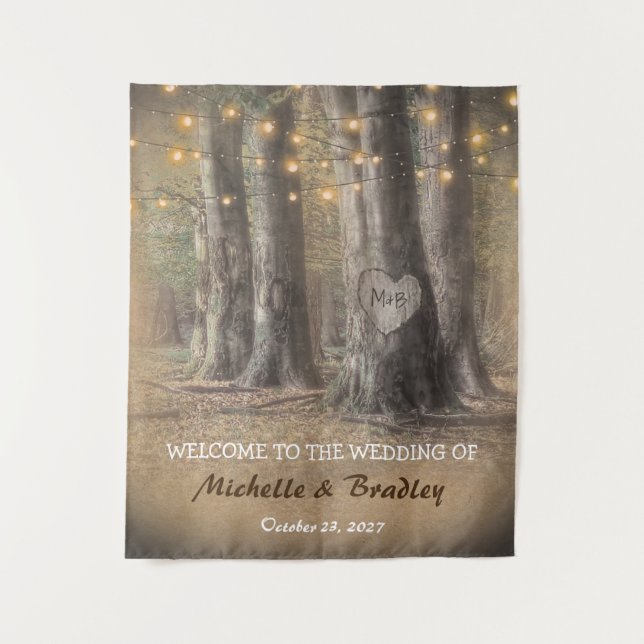 Rustikale Baum- und Lichterketten-Hochzeit Wandteppich (Vorderseite)