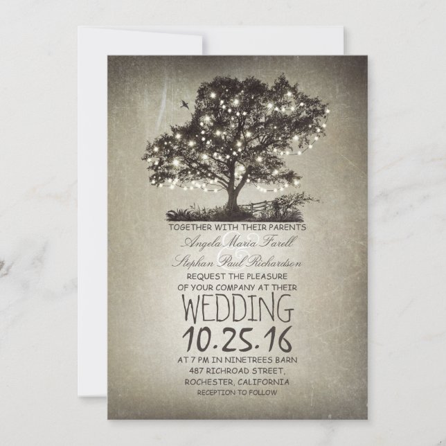 Rustikale Baum- und Streichellichter Hochzeitseinl Einladung (Vorderseite)