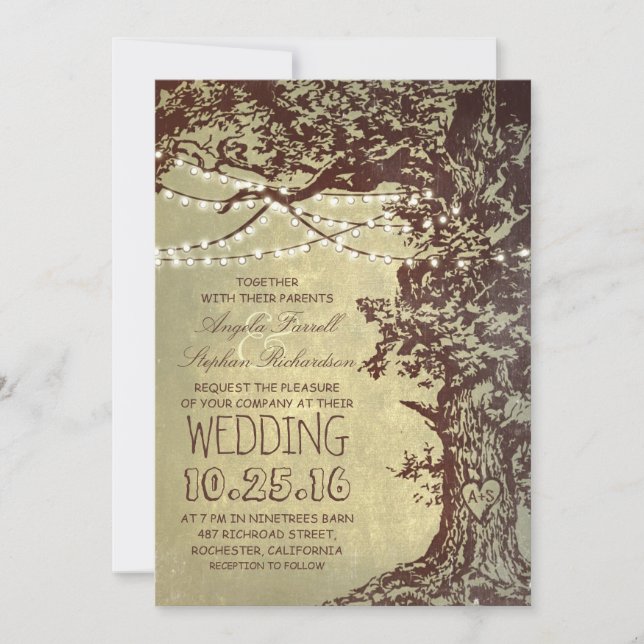 Rustikale Baum- und Streichellichter Hochzeitseinl Einladung (Vorderseite)