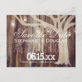 Rustikale Baumleuchten Holz Save the Date Postkart Ankündigungspostkarte