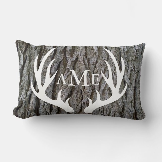 Rustikale Baumrinde Land Deer Antler Personalisier Lendenkissen (Vorderseite)