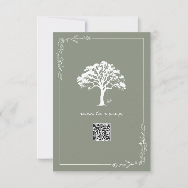 Rustikale Baumschwinge Sagegrüner QR-Code Hochzeit RSVP Karte (Vorderseite)
