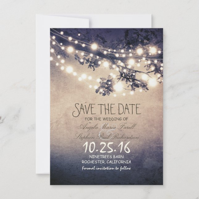 Rustikale Baumzweige und Stringleuchten Save the D Date (Vorderseite)
