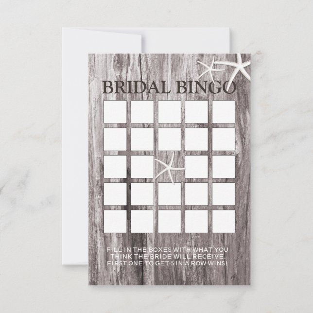 Rustikale Beach Driftwood Brautparty Bingo Cards (Vorderseite)