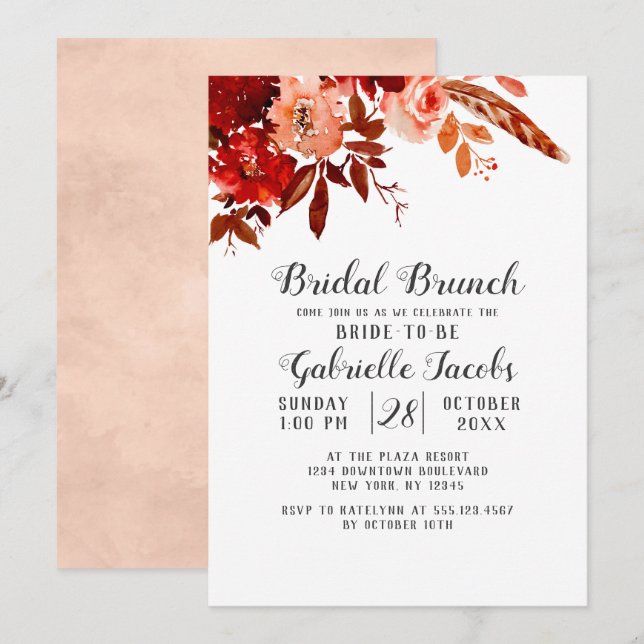 Rustikale Beauty Floral Boho Chic Bridal Brunch Einladung (Vorne/Hinten)