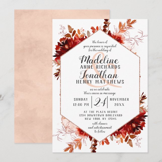 Rustikale Beauty Floral Hexagon Hochzeitseinladung Einladung (Vorne/Hinten)