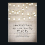 Rustikale Begegnungsfeier mit Rampenreihen Einladung<br><div class="desc">Charmante rustikale Country-Engagement-Einladung mit Vintager Burlhintergrundtextur und hängenden Streichellichtern. Niedlich,  elegant und rustikal laden zu einer Verlobung in der Scheune oder im Land ein.</div>