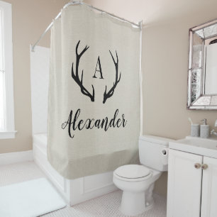 Rustikale Beige Antler Monogram   Bauernhof Badezi Duschvorhang