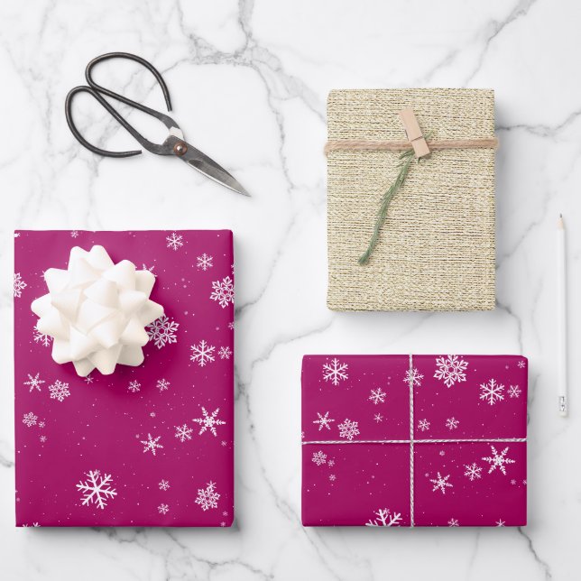 Rustikale Beige Lila Schneeflocken Weihnachtsfeier Geschenkpapier Set (Vorderseite)