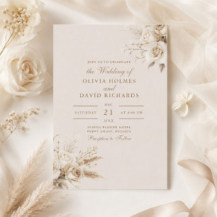Rustikale Beige Weiße Rosen Hochzeits-Einladung Einladung