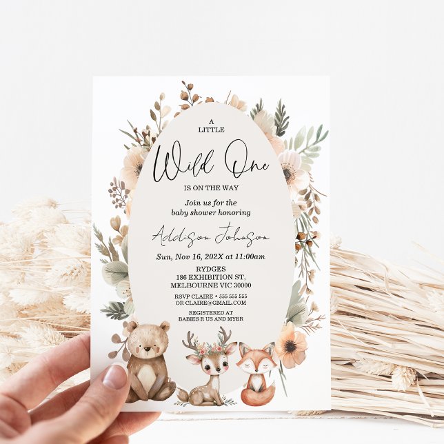 Rustikale Beige Wild One Woodland Babydusche Einladung (Fall Woodland Wild One Baby Shower Invitation, Gender Neutral, Autumn Woodland Baby Shower Invite)