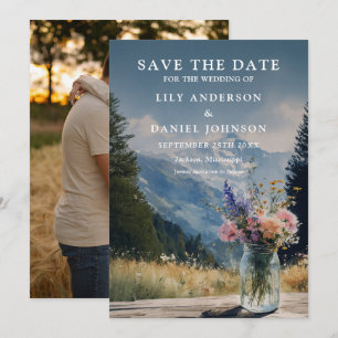 Rustikale Bergblumen-Mason-Jar-Hochzeitsfoto Save The Date