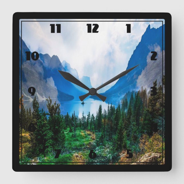Rustikale Berge Landschaftliche Natur Quadratische Wanduhr (Vorderseite)