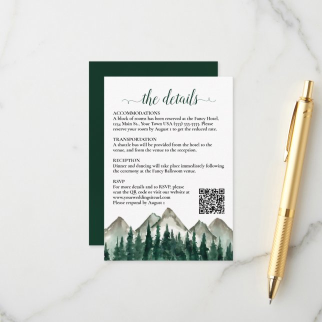 Rustikale Berge und Kiefernhochzeiten - QR-Code Begleitkarte (Vorderseite/Rückseite Beispiel)