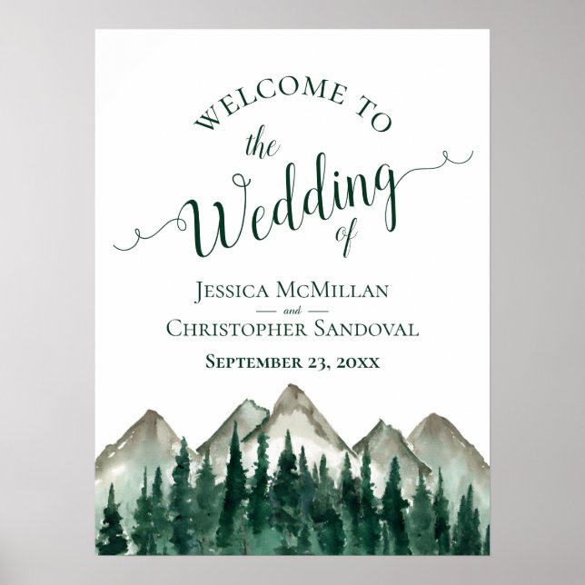 Rustikale Berge und Pinienbäume Hochzeitssymbol Poster (Vorne)
