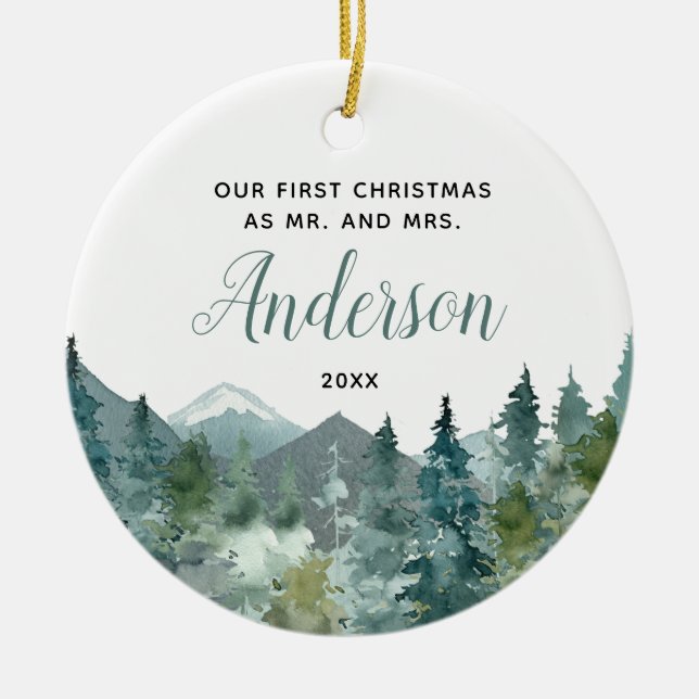 Rustikale Berge unsere ersten Weihnachten verheira Keramik Ornament (Vorne)