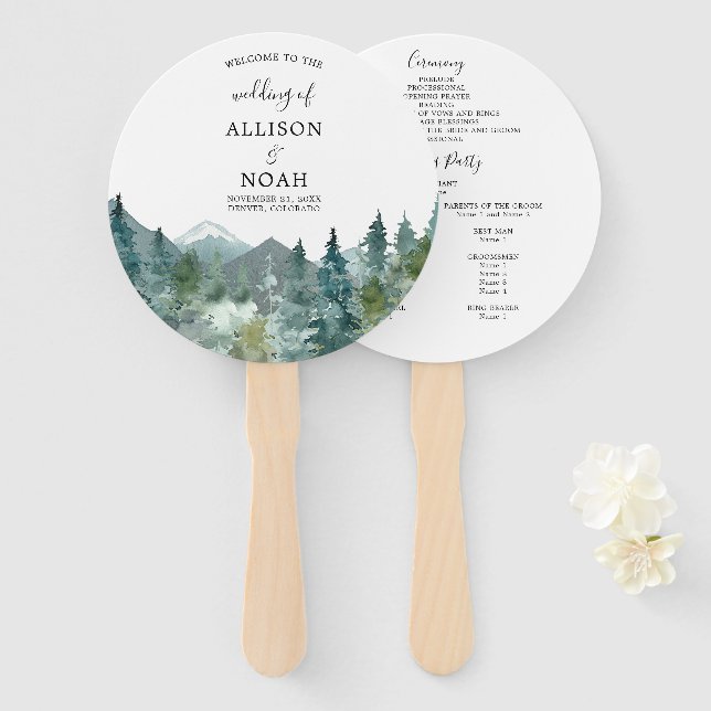 Rustikale Berge Wald Aquarellfarben Hochzeitsprogr Fächer (Vorne und Hinten)