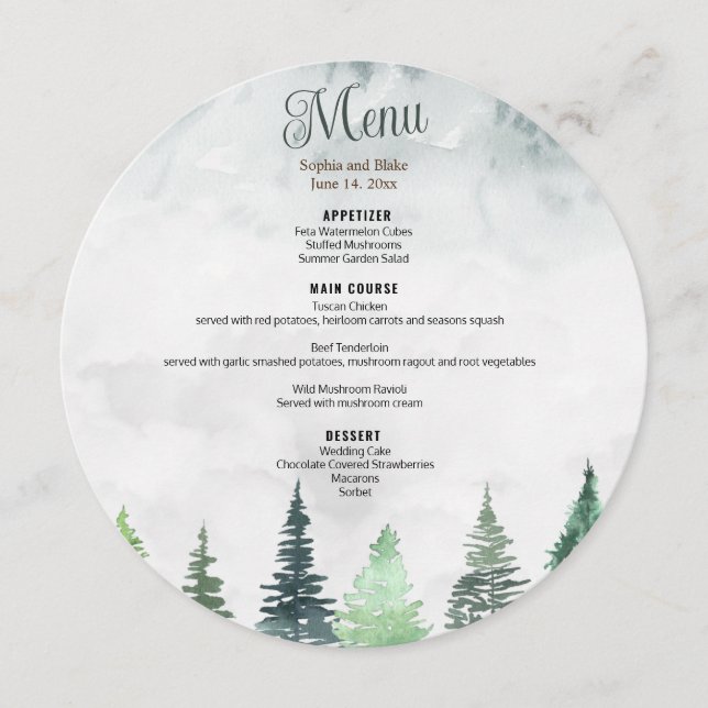 Rustikale Berge & Wälder Wasserfarbenrund Menükarte (Vorderseite)