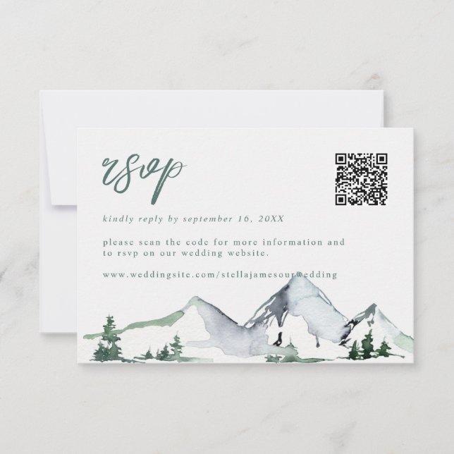 Rustikale Berge Wasserfarben Hochzeits-QR-Code RSVP Karte (Vorderseite)