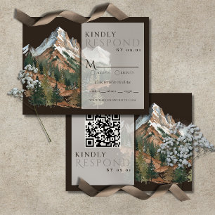 Rustikale Berglandschaft Aquarell-Hochzeit QR  RSVP Karte