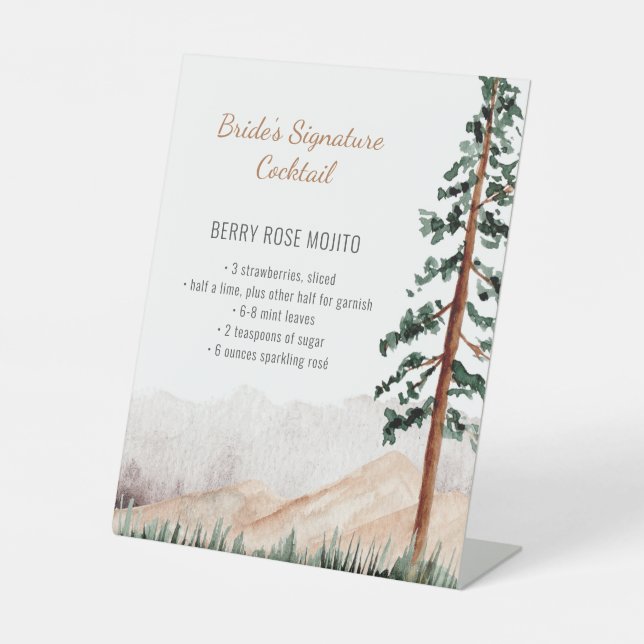 Rustikale Berglandschaft Bride Signature Cocktail Sockelschild (Vorderseite)