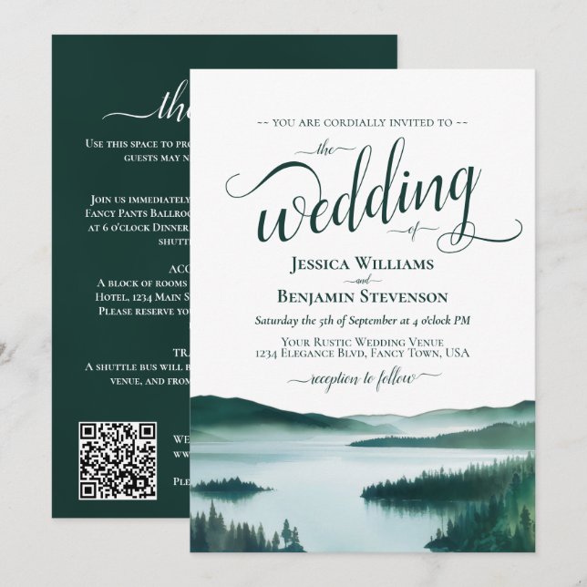 Rustikale Bergsee-Hochzeit stilvoller QR-Code Einladung (Vorne/Hinten)