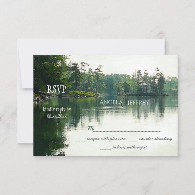 Rustikale Bergsee-Reflektion Hochzeit RSVP Karte (Vorderseite)