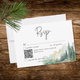 Rustikale Bergseelandschaft Wasserfarbe QR-Code RSVP Karte