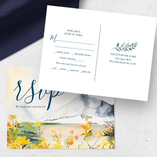 Rustikale Bergspeise UAWG Postkarte (Wedding rsvp postcard mountain destination wedding watercolor art by Victoria Grigaliunas)