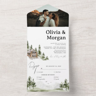 Rustikale Bergwald-Foto-Destination-Hochzeit All In One Einladung