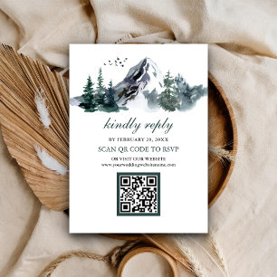 Rustikale Bergwald-Winter-Hochzeit QR-Code RSVP Begleitkarte
