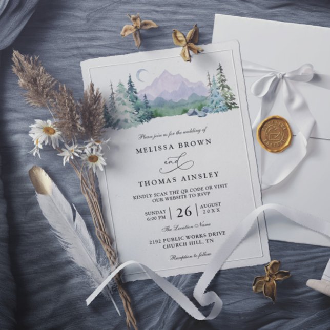 Rustikale Bergwaldlandschaft QR-Code-Hochzeit Einladung (Von Creator hochgeladen)