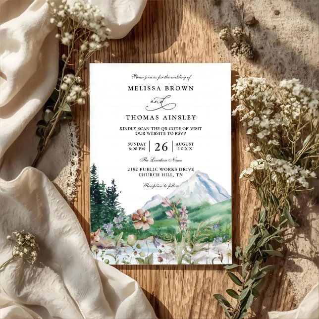 Rustikale Bergwildblumen-Boho-QR-Code-Hochzeit Einladung (Von Creator hochgeladen)