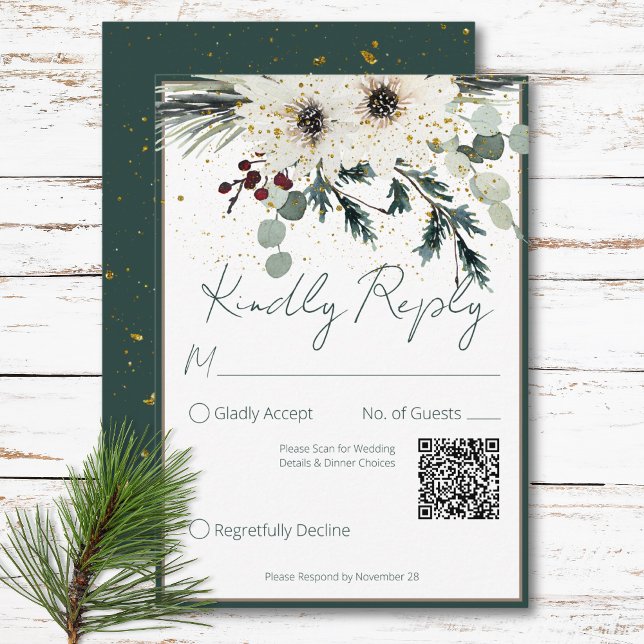 Rustikale Berries Winter Floral QR Code Hochzeit RSVP Karte (Rustic Berries Winter Floral QR Code Wedding RSVP Card)