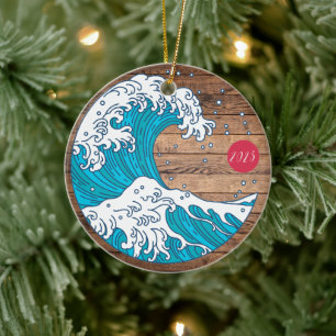 Rustikale Bezeichnung Wave and Sun - Name des Jahr Keramik Ornament