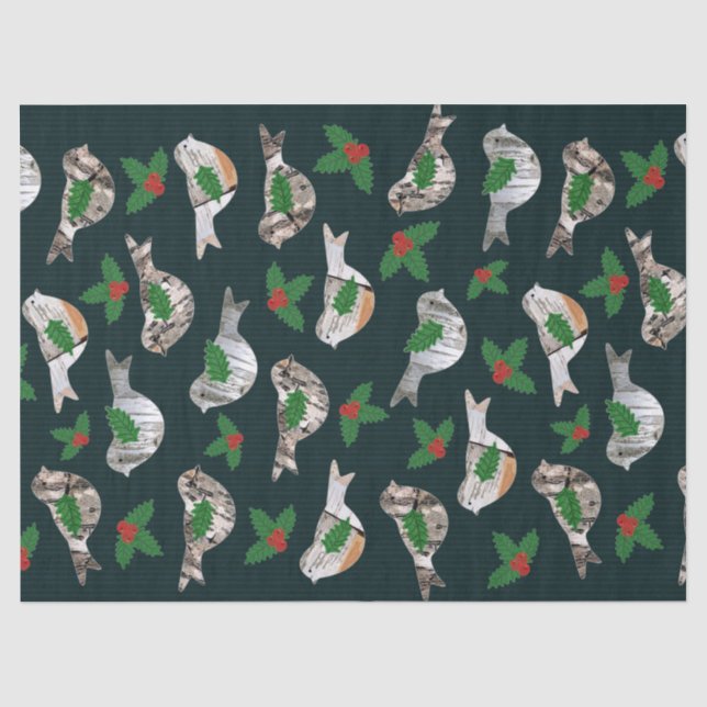 Rustikale Birch Bark Birds Red Holly Berry Weihnac Seidenpapier (Vorderseite)