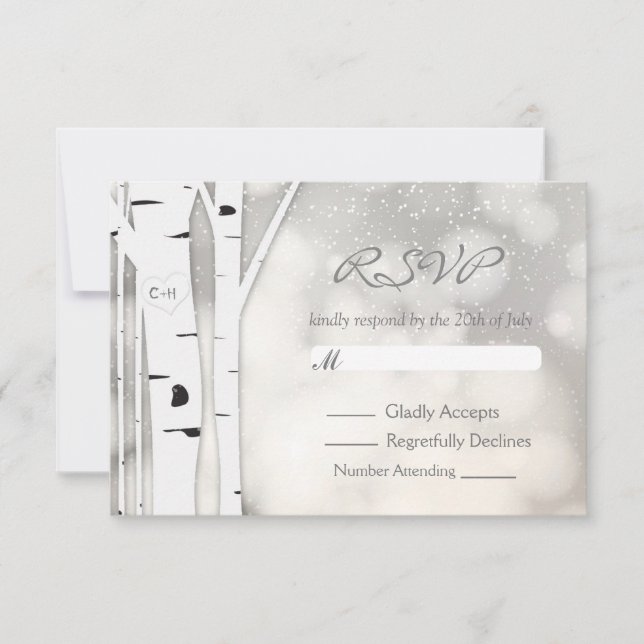 Rustikale Birch Tree Winter White Snowy RSVP Card Karte (Vorderseite)