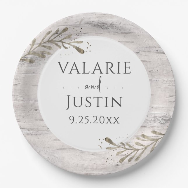 Rustikale Birch Wood Wedding Pappteller (Vorderseite)