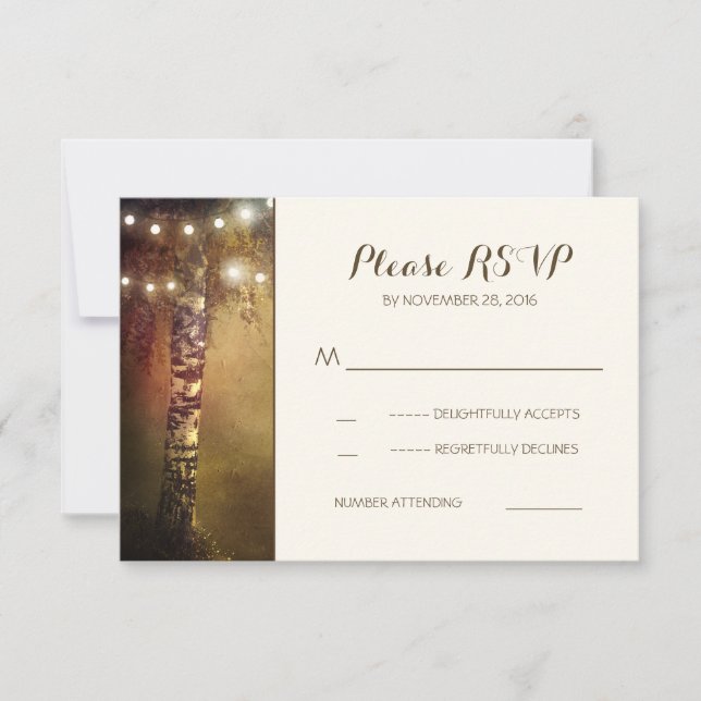 rustikale Birkenbaum-Saitenleuchten Hochzeitskarte RSVP Karte (Vorderseite)
