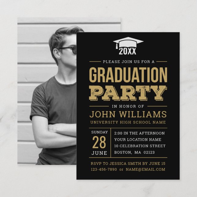Rustikale Black Gold Foto Graduation Party Einladung (Vorne/Hinten)