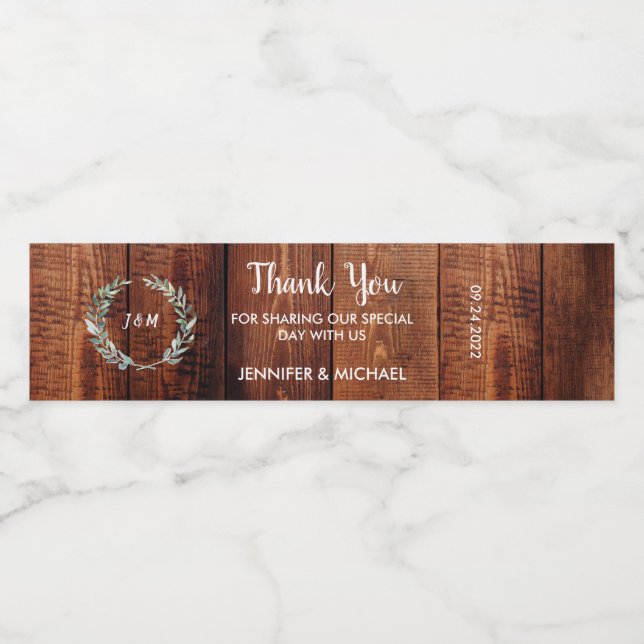Rustikale Blätter auf Holz Monogramm Hochzeit dank (Einzelnes Label)