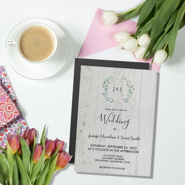 Rustikale Blätter aus Holz, Monogramm, magnetische Magnetkarte (Rustic leaves on barn wood monogrammed magnetic wedding invitation.)