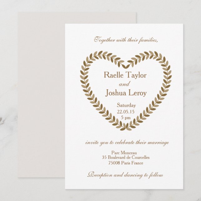 Rustikale Blätter Herzgold Einladung zur Hochzeit (Vorne/Hinten)
