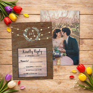 Rustikale Blätter Holz-Lichterkette Hochzeit RSVP Einladung
