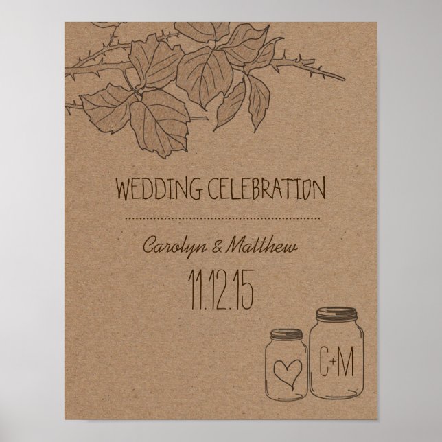 Rustikale Blätter | Mason Jar | Heart Wedding Poster (Vorne)